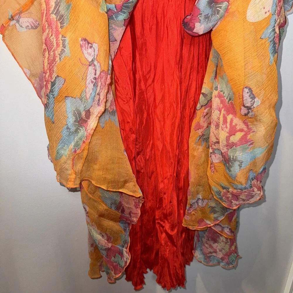 JOHNNY WAS 100% Silk Maxi Dress Sz S Orange Floral Tiered Lined Boho Ribbon Slip - Picture 11 of 16